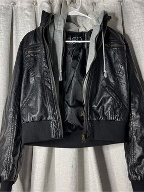 Deb Faux Leather Coat  w Attached Half Layered Gray Sweater Hoodie -Kids? Size L
